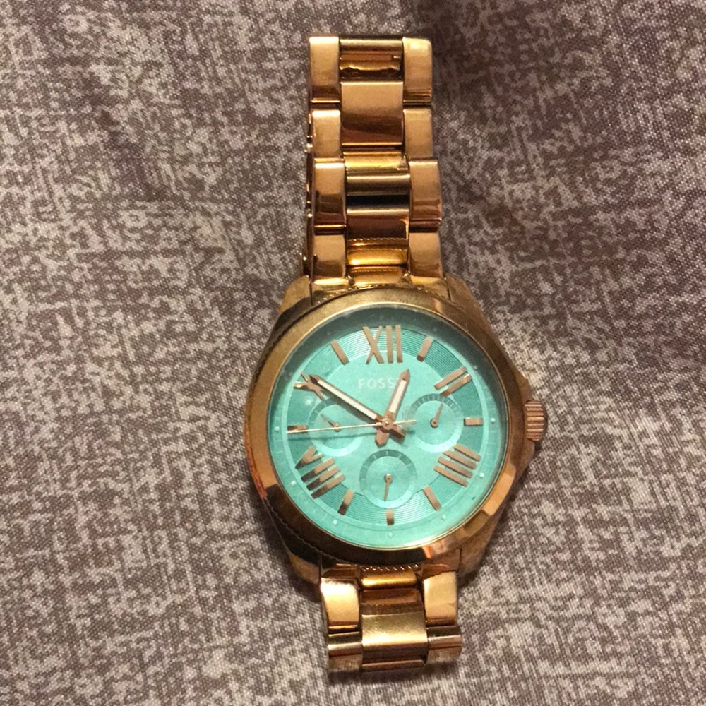 Rose gold and turquoise fossil watch